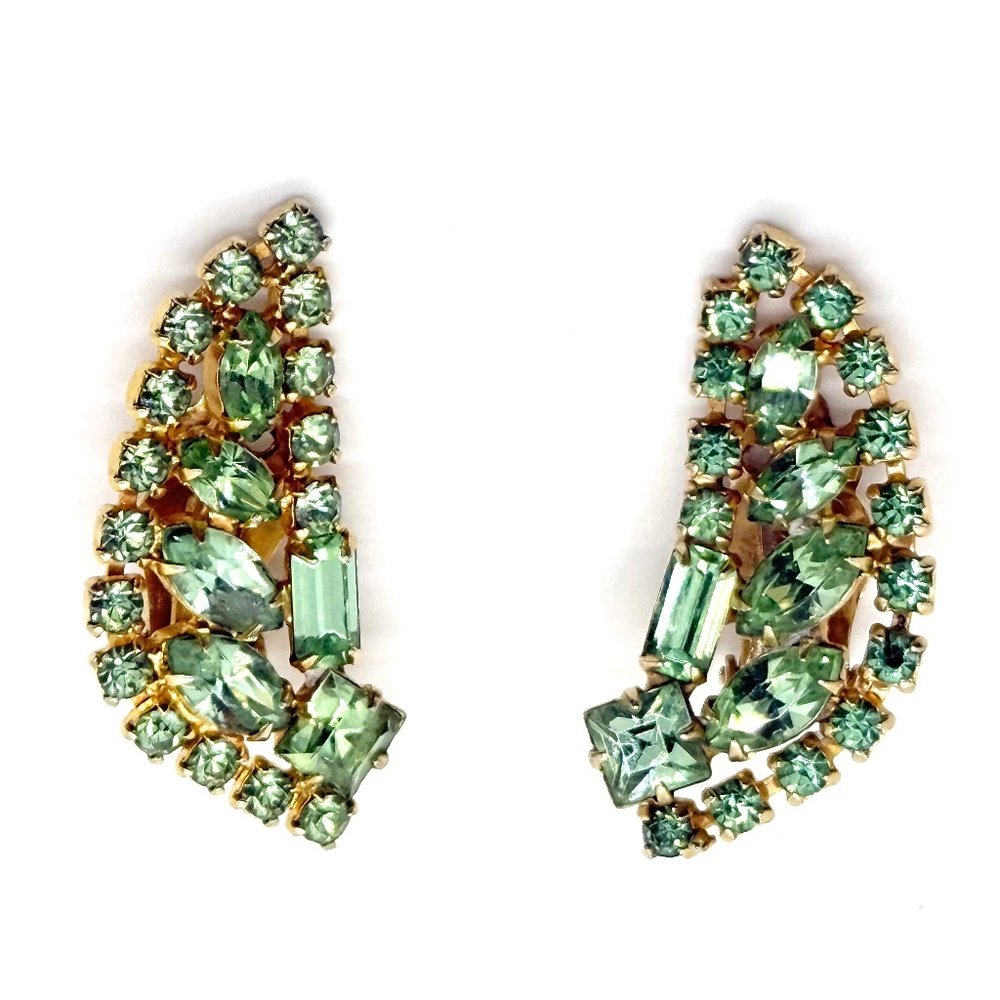 Vintage MCM Sparkly Light Green Rhinestones Gold Tone Clip On Earrings
